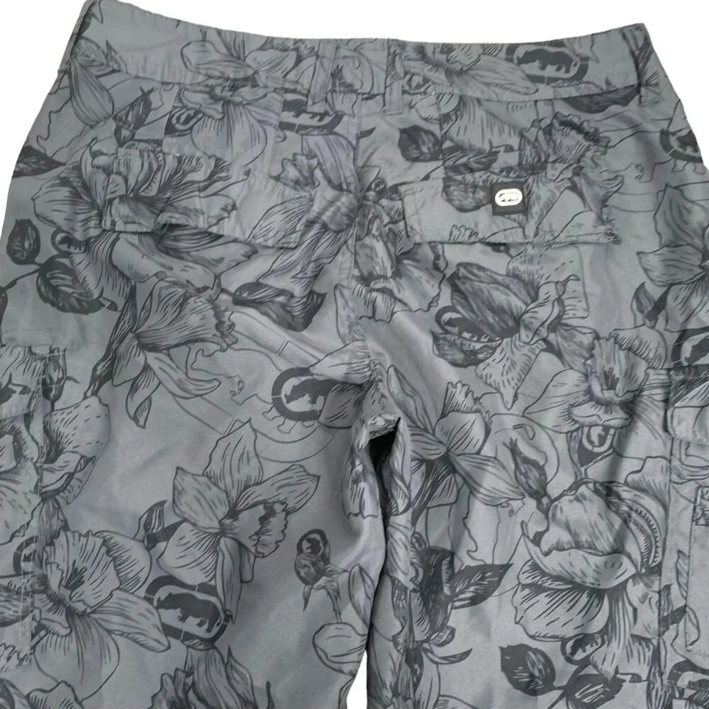 Ecko Unltd Cargo Board Shorts 30 Grey Floral Pockets Drawstring Button Zipper
